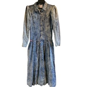 Vintage Contempo Casuals Hollywood Era Long Sleeve Acid Wash Denim Maxi Dress
